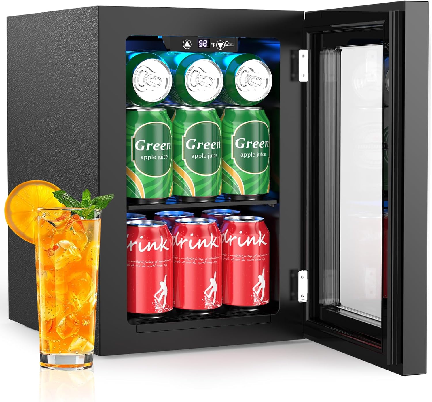 Kismile 18L Beverage Refrigerator Cooler, 24Can Mini Fridge with Glass Door, Quiet Compressor, Countertop Small Fridge with 40-61℉ Digital Electronic Temperature Control, LED Lgiht for Home and Bar