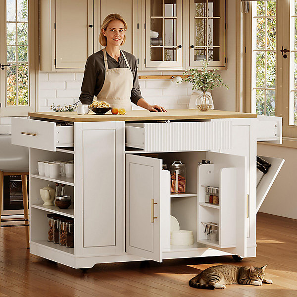 Îlot cuisine mobile 120x50x92cm - compartiment poubelle, étagères réglables