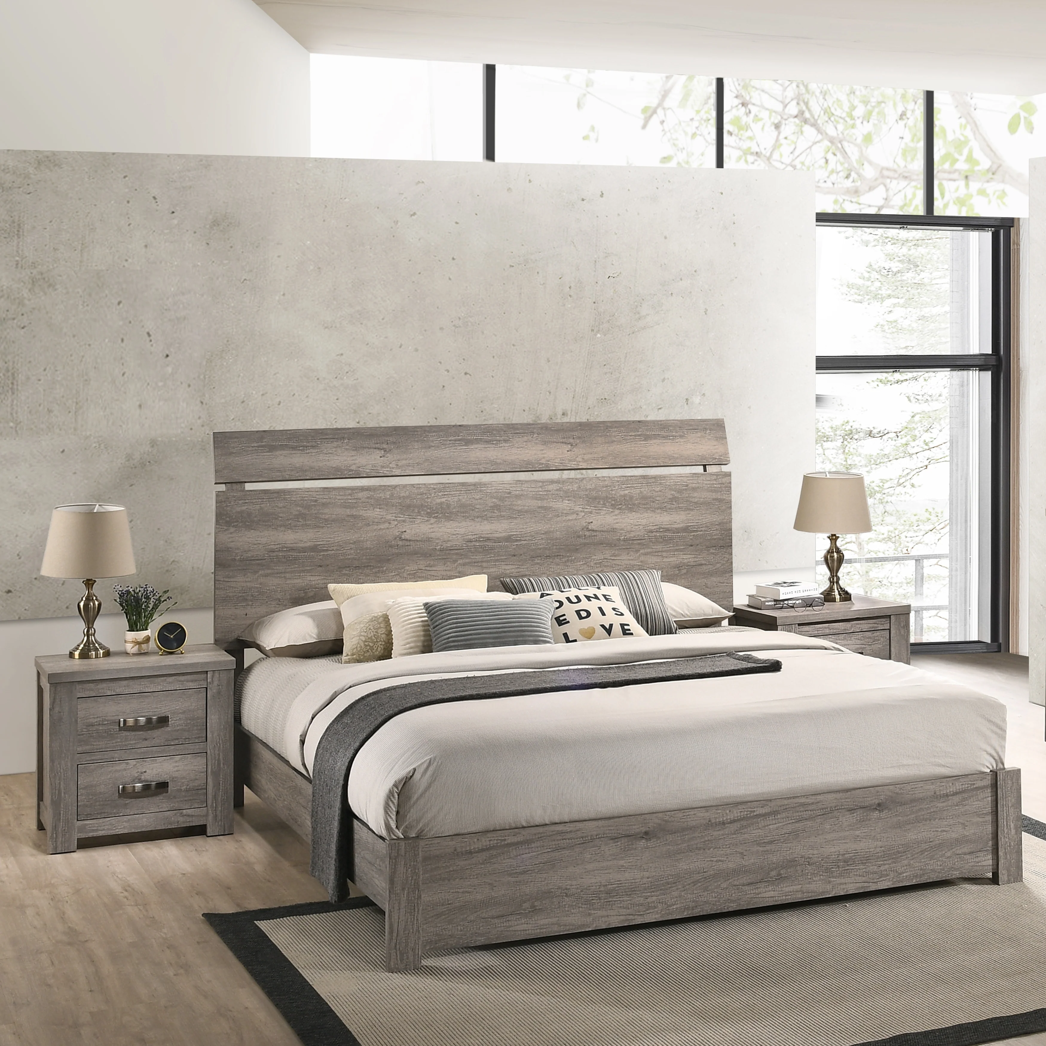 Roundhill Furniture Floren Contemporary Weathered Gray Wood 3-Piece Bedroom Set, Panel Bed with 2 Nightstands
