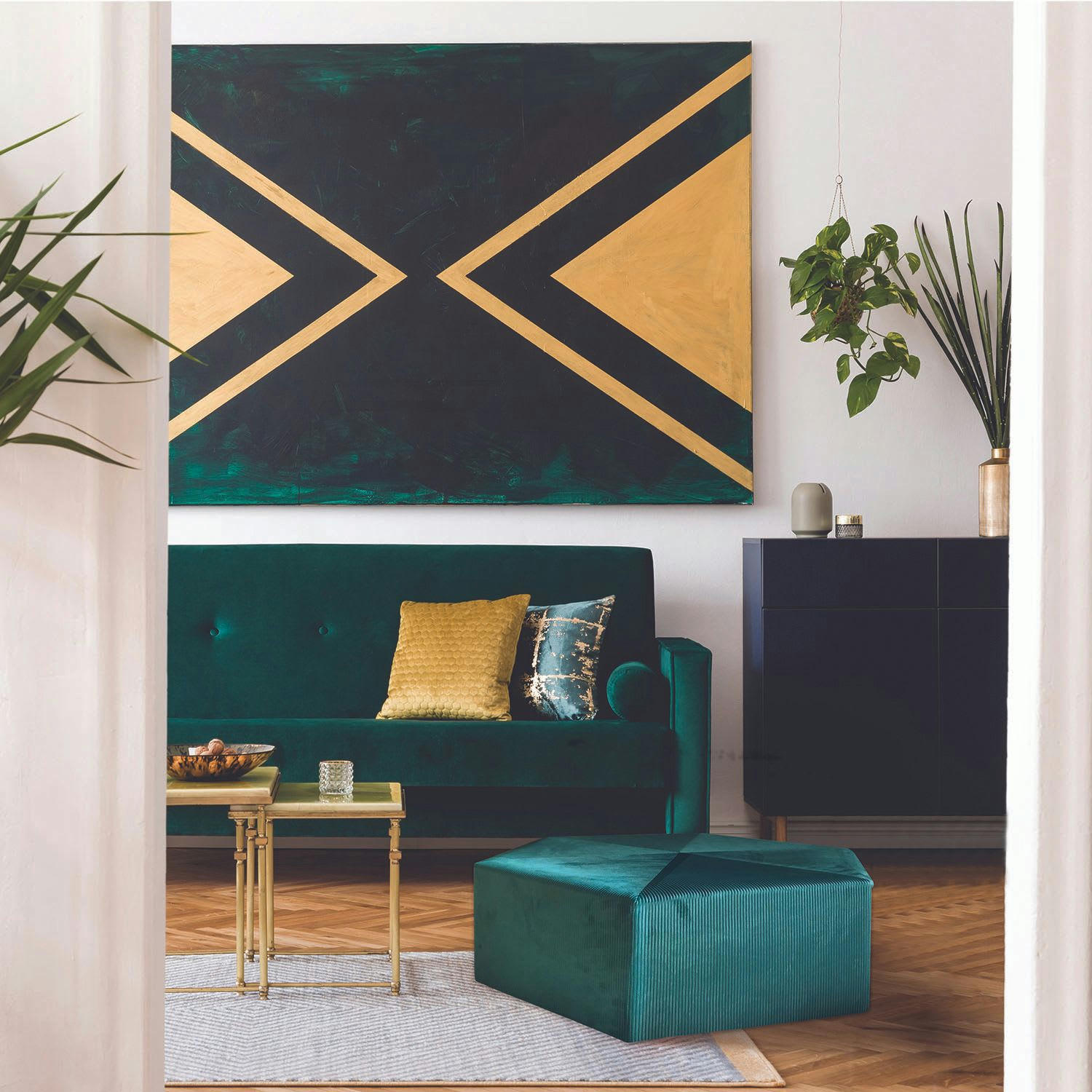 GIULIA - Pouf XXL design velours L. 75 x H. 30 cm bleu canard