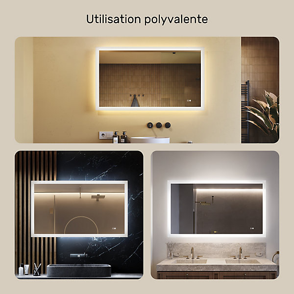 Miroir Salle de Bain avec Eclairage 120x70, Miroir LED avec Tactile etFonction Anti-buée, Systeme Couleur DUAL LED