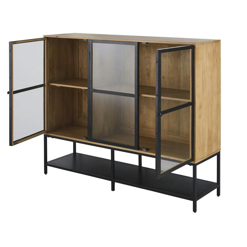 Wayampi - Vitrine 2 portes en bois de manguier massif et métal noir