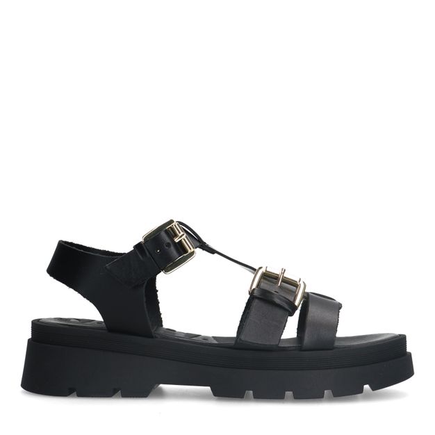 Zwarte leren plateau sandalen met goudkleurige buckles