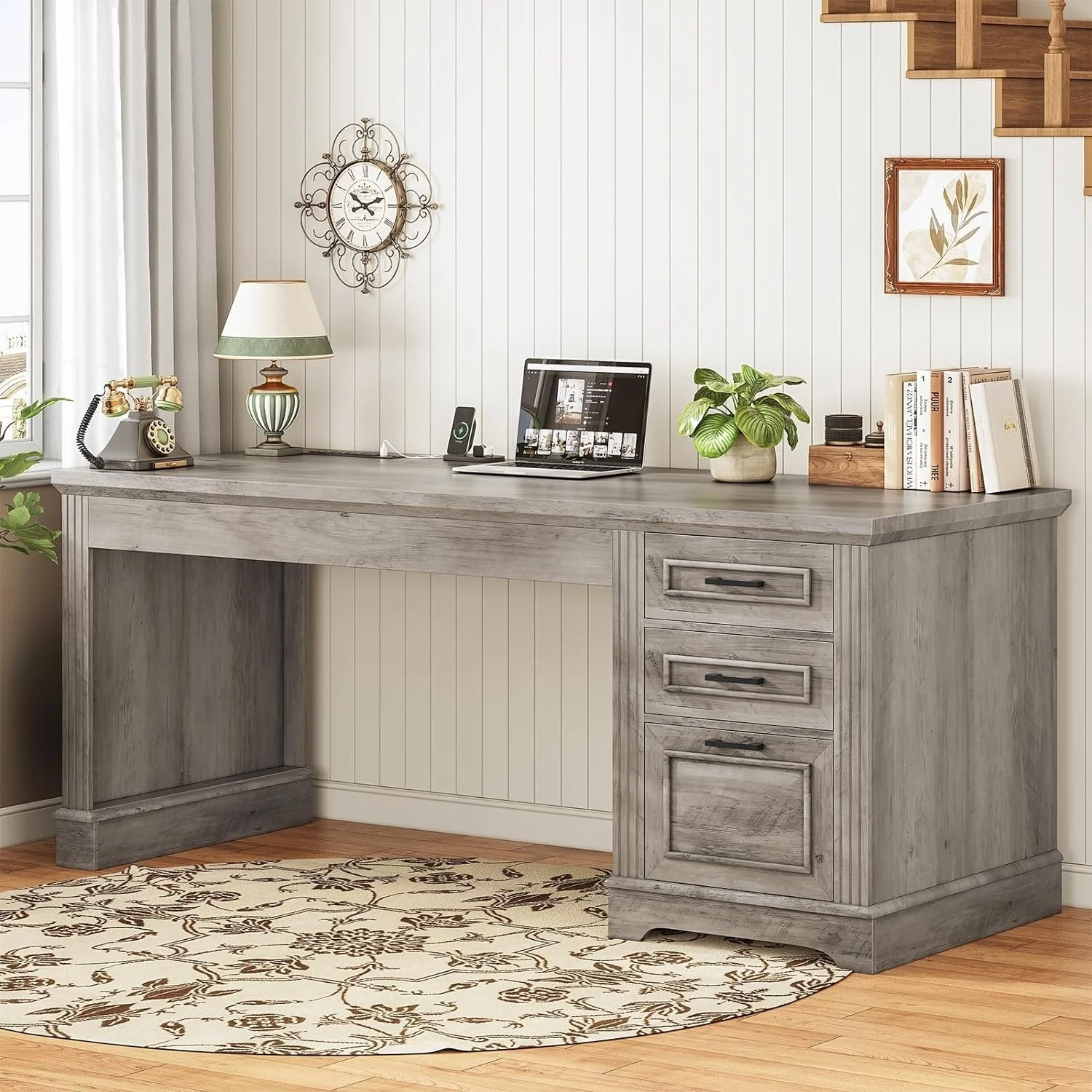 Farmhouse Executive Office Computer Desk with Drawers Storage Cabinet