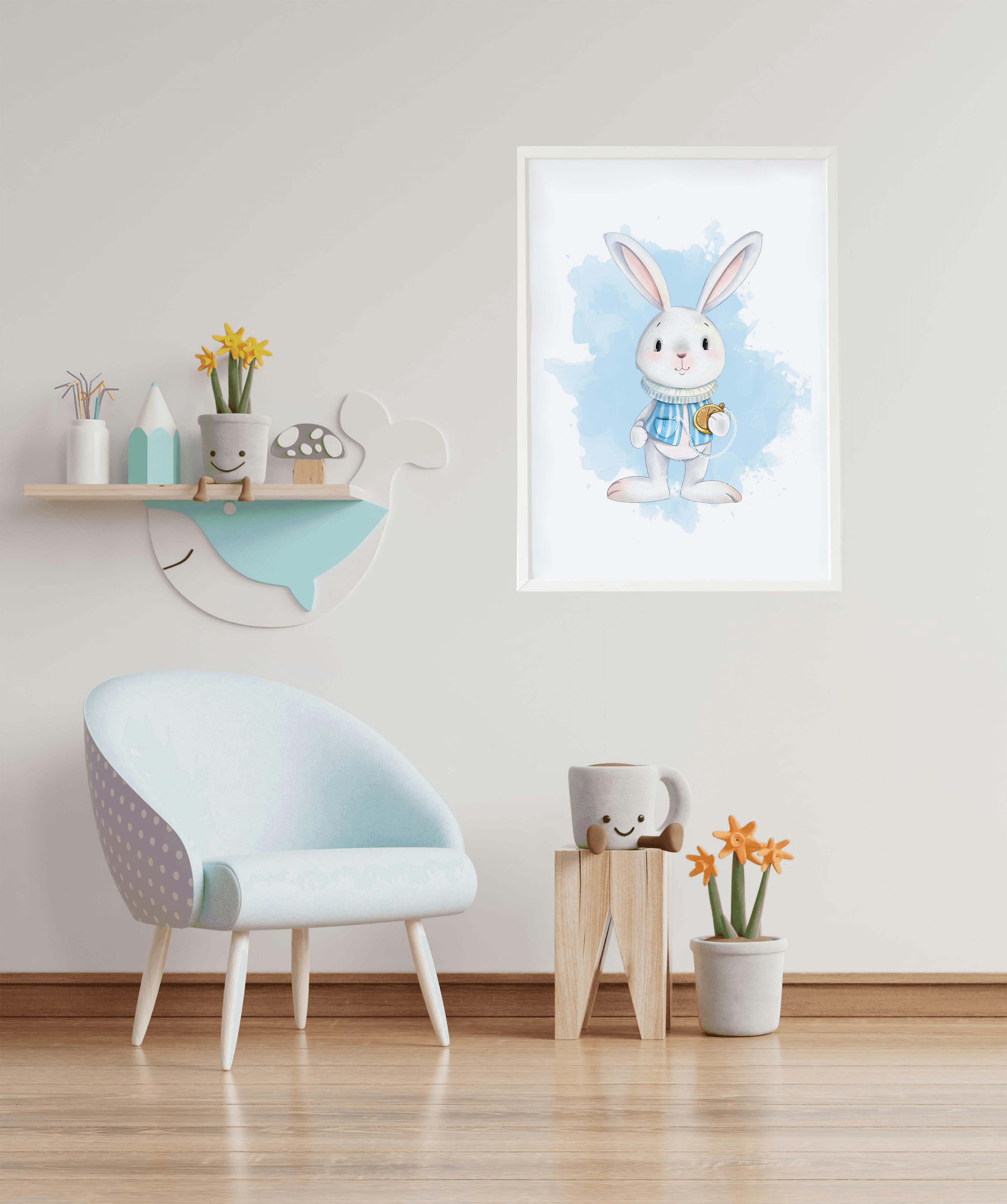 DECOWALL - Impression lapin horloge encadrée en bois blanc 43X33 cm