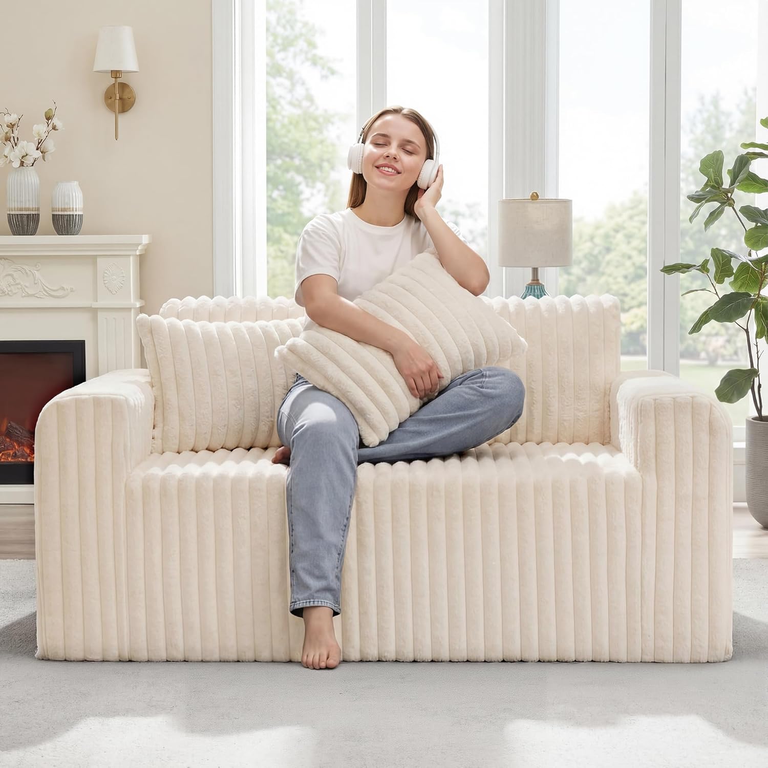 Hobestluk Couch Sofa 2-Seater Foam Sofa Loveseat for Small Spaces Comfy Sofas with Removable Cover Furry Couch with Pillows for Living Room, Bedroom, Apartment, Office (White, Loveseat)