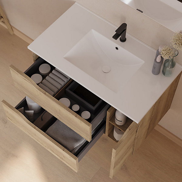 Meuble sous vasque seul, 2 tiroirs et 1 porte, 80cm, vasque centrée - madera miel (bois clair) - ZARZA