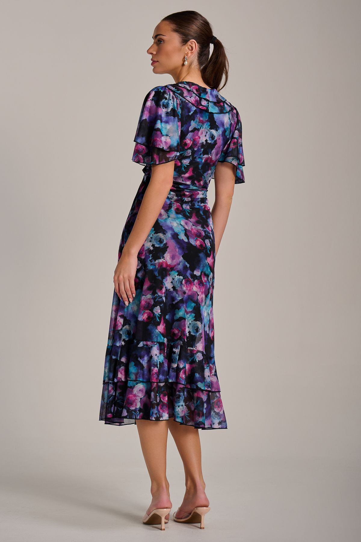 Jolie Moi Ruffle Detail Ruched Mesh Midi Dress