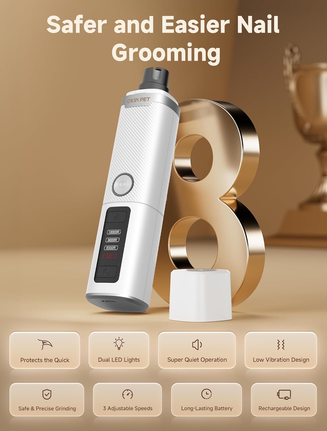Dog Nail Grinder, Quiet Electric Dog Nail Trimmer with 2 LED Lights, 3-Speed Pet Nail Grinder for Dogs & Cats, Rechargeable 2000mAh Nail Grinder for Small Medium Large Dogs with Light, White