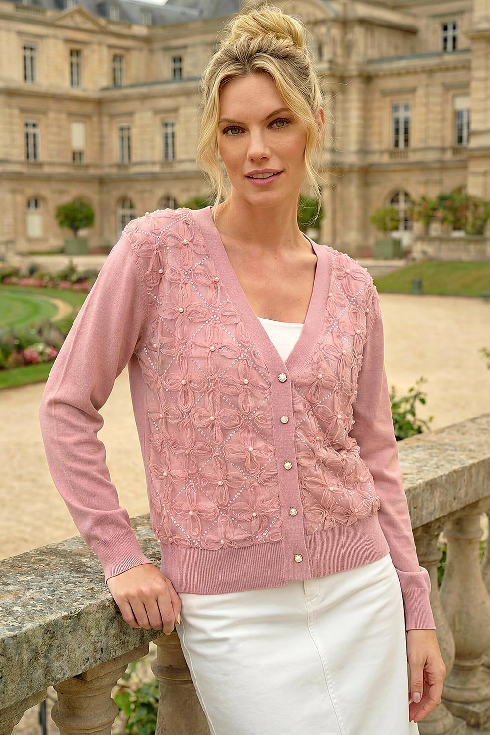 Roman Floral Button V-Neck Knit Cardigan