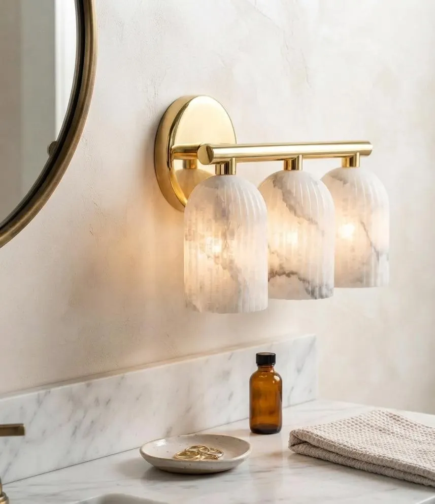 Fluted Alabaster Vanity Light, 3 Light Brass Bathroom Sconce, Natural Stone Wall Fixture, Modern Mid Century Lighting