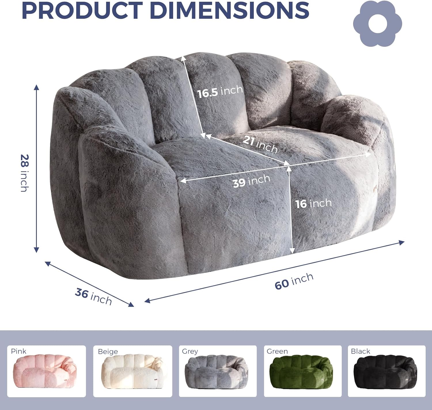 MAXYOYO Bean Bag Chair for Adults, Loveseat Floral Shaped Bean Bag Sofa, Ultra Soft Love Seat Mini Sofa Couch, Faux Fur Reading Chair for Living Room Bedroom, Dark Grey
