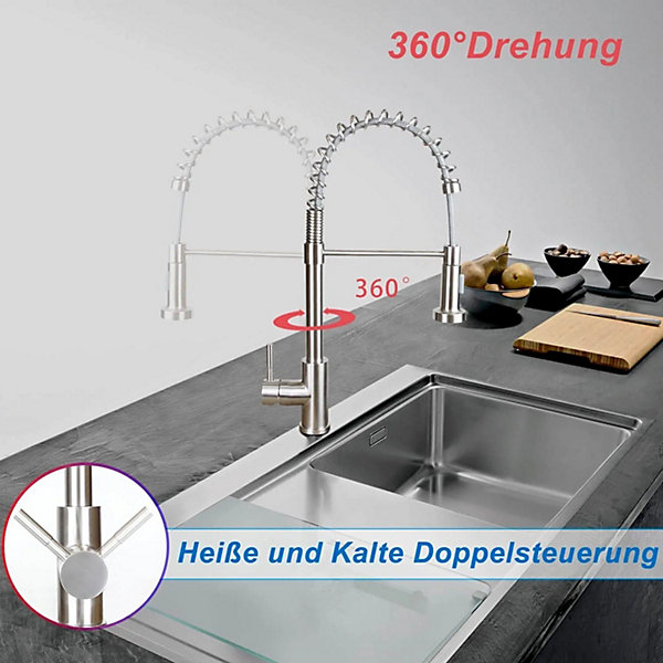 NETTLIFE Robinet cuisine avec douchette extractible mitigeur 2 jets haute pression nickel