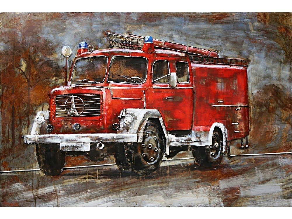 MÉTAL BRASS - Tableau relief en métal camion pompier 120x80