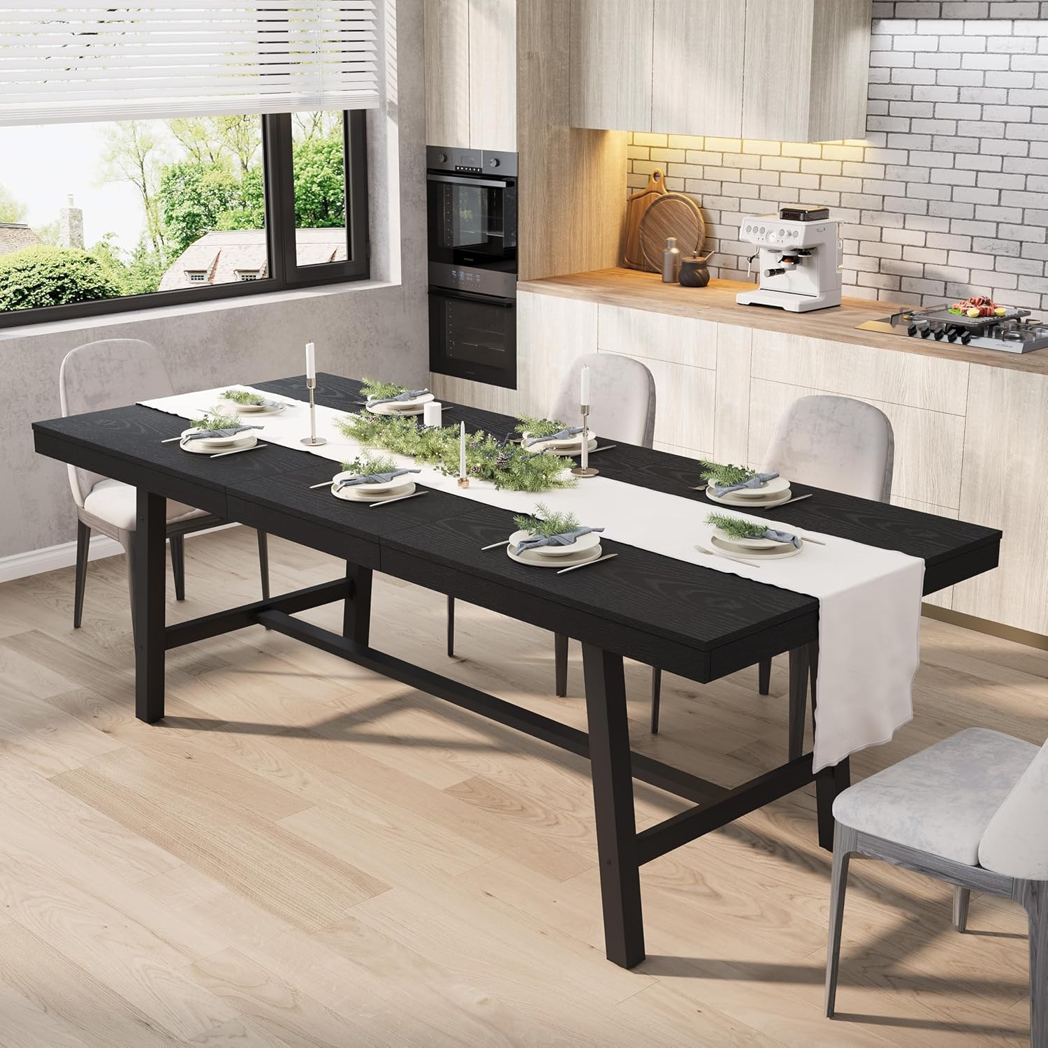 GarveeHome 63-83 Extendable Dining Table, Industrial Rectangular Dining Room Table for 6-8 People, Expandable Kitchen Table with Heavy Duty Metal Frame for Dining Room, Kitchen & Parties, Black