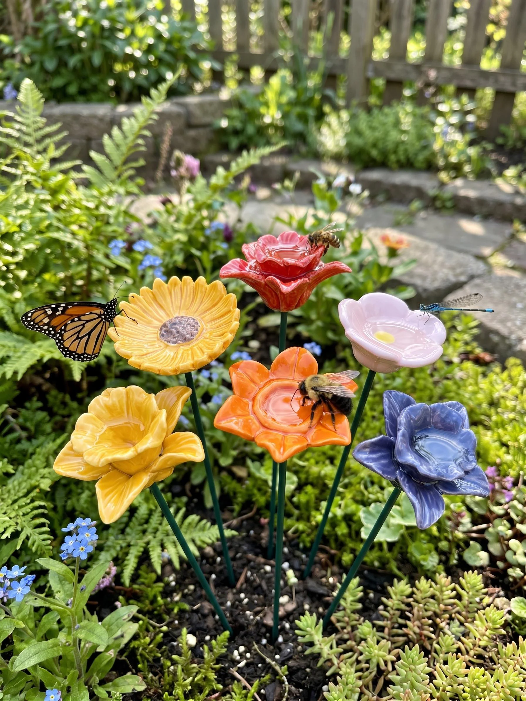 Ceramic Flower Garden Stake & Pollinator Water Station | Cute Outdoor Yard Decor | Handmade Cottagecore Plant Accessories