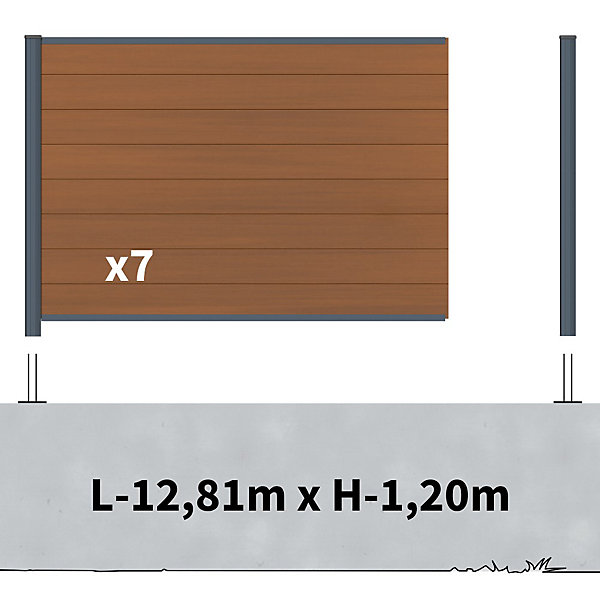 Kit Clôture Composite sur Muret CRUZ Teck 13x1,2m - Bois composite &Aluminium - Poteaux sur Platines Gris - Brise vue