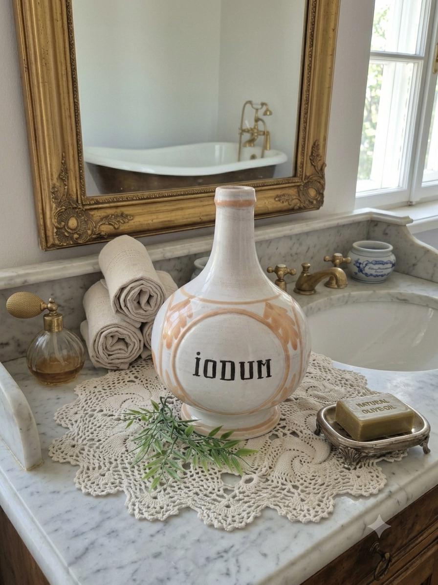 Glazed earthenware apothecary jar for iodum/iodine, homeopathic medicines