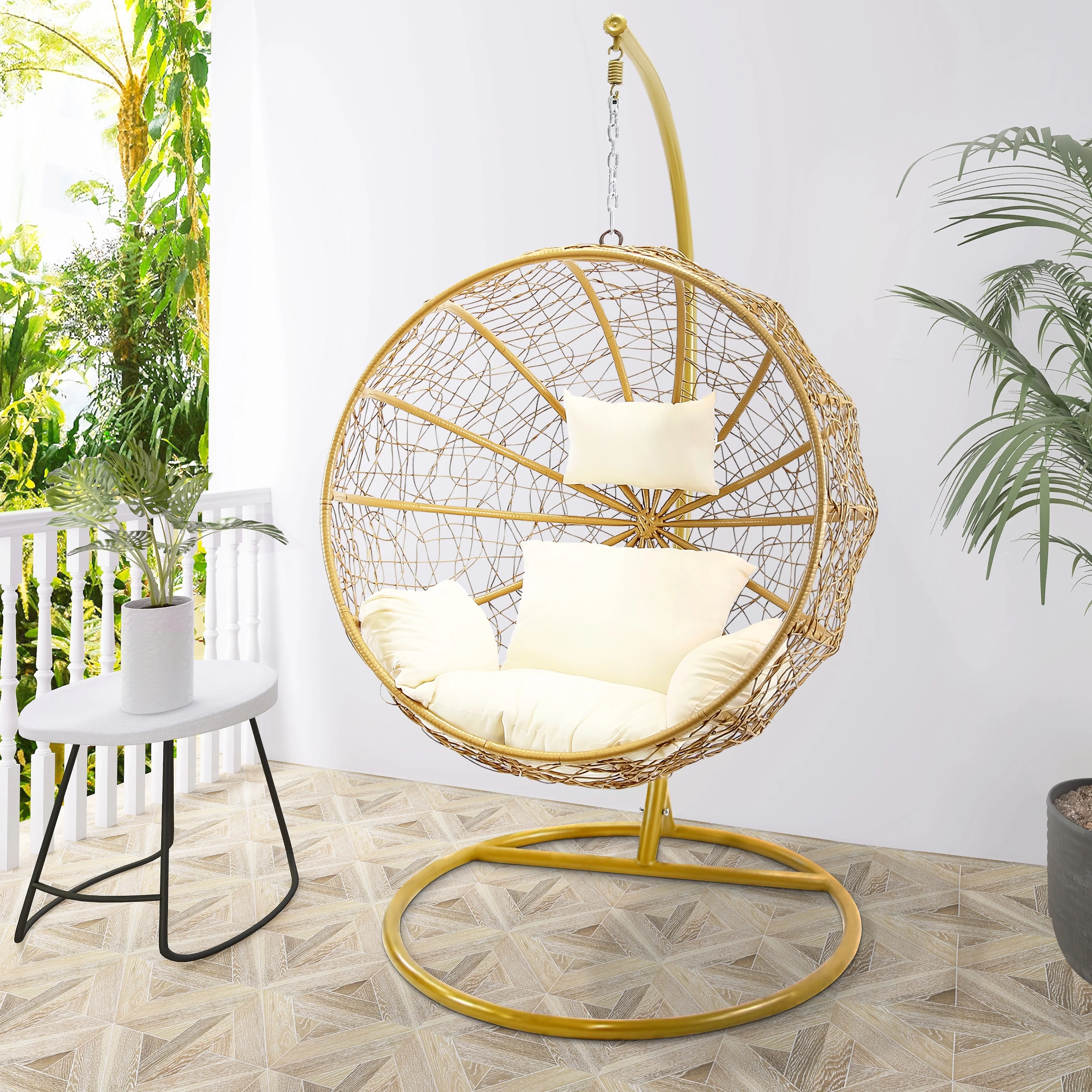 Modern Outdoor Gold Wicker Double Hanging Egg Swing Chair