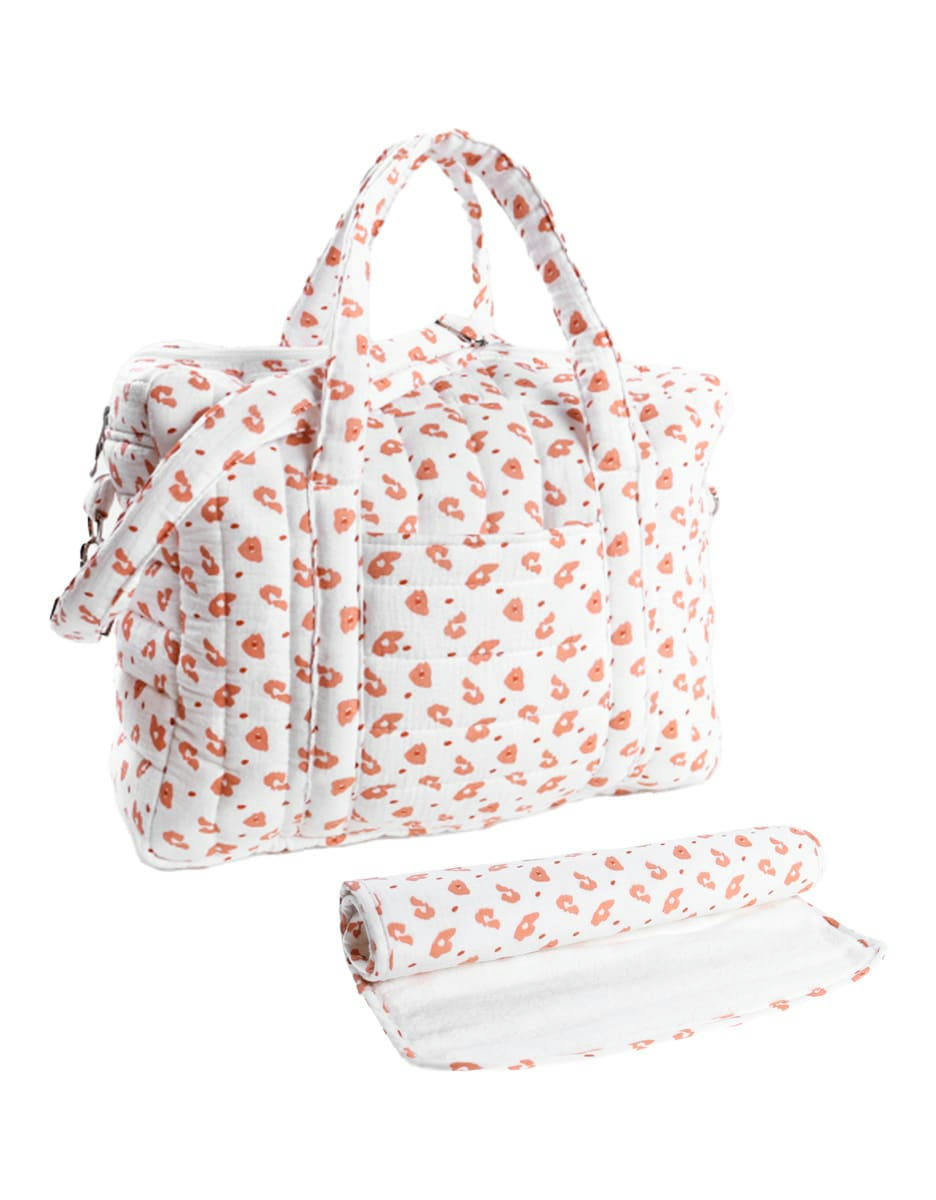 - Sac à langer imprimé léopard en mousseline ouatinée, écru/terracotta