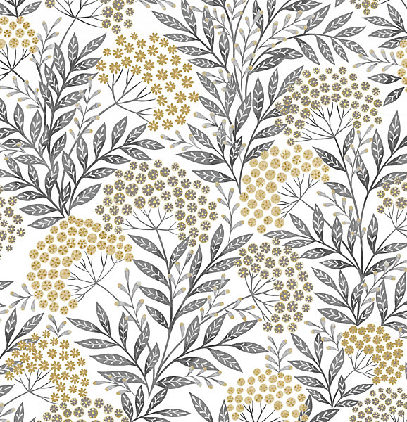 Papier peint vinyle intissé fleuri gris, jaune ocre L.1001 x l.53cm Rasch, Verbana