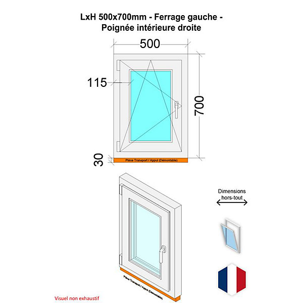 Fenêtre PVC - LxH 500x700 mm -Triple Vitrage - Bicolore blanc int/anthracite ext-poignée à gauche