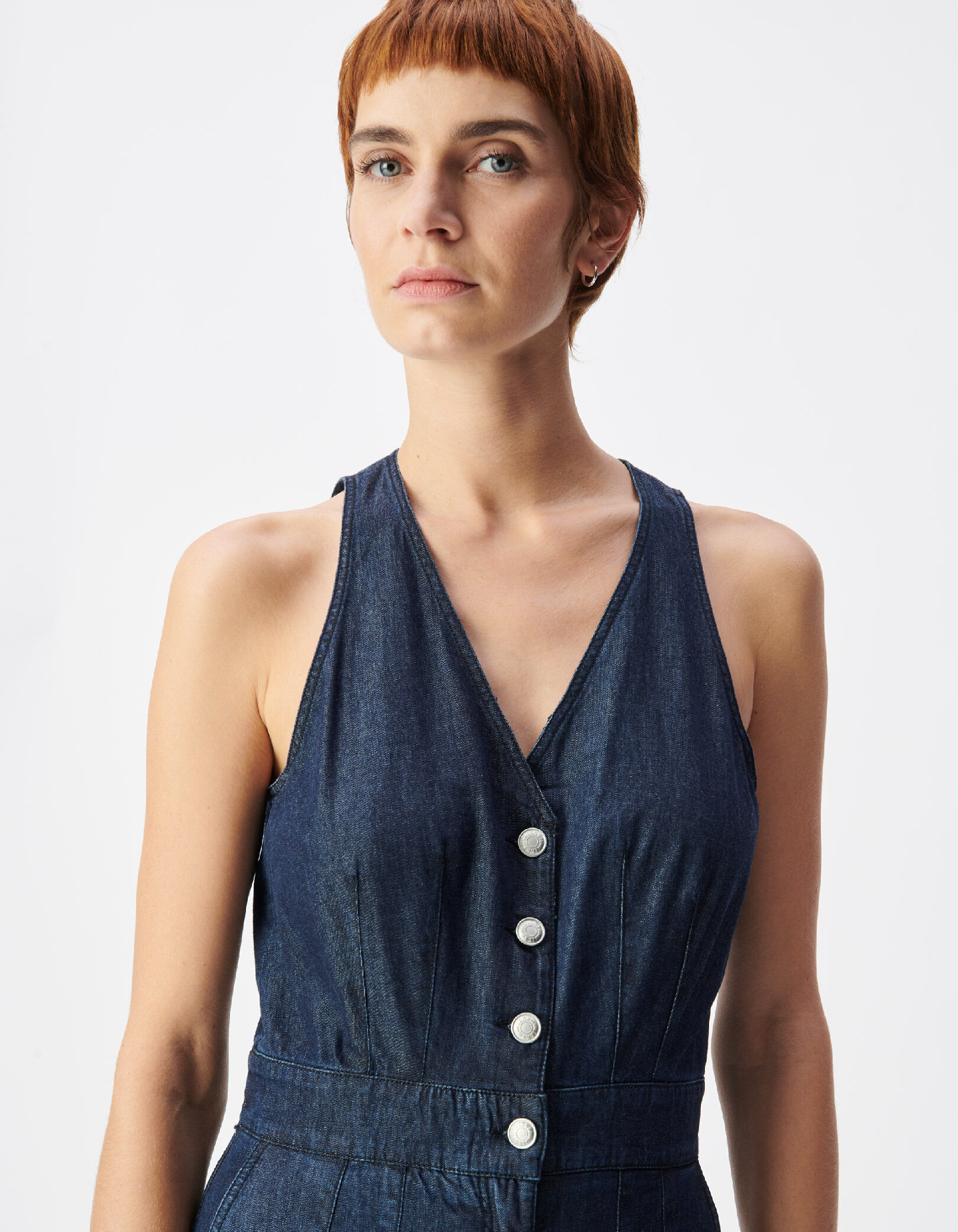 Combinaison large en jean brut sans manches Femme