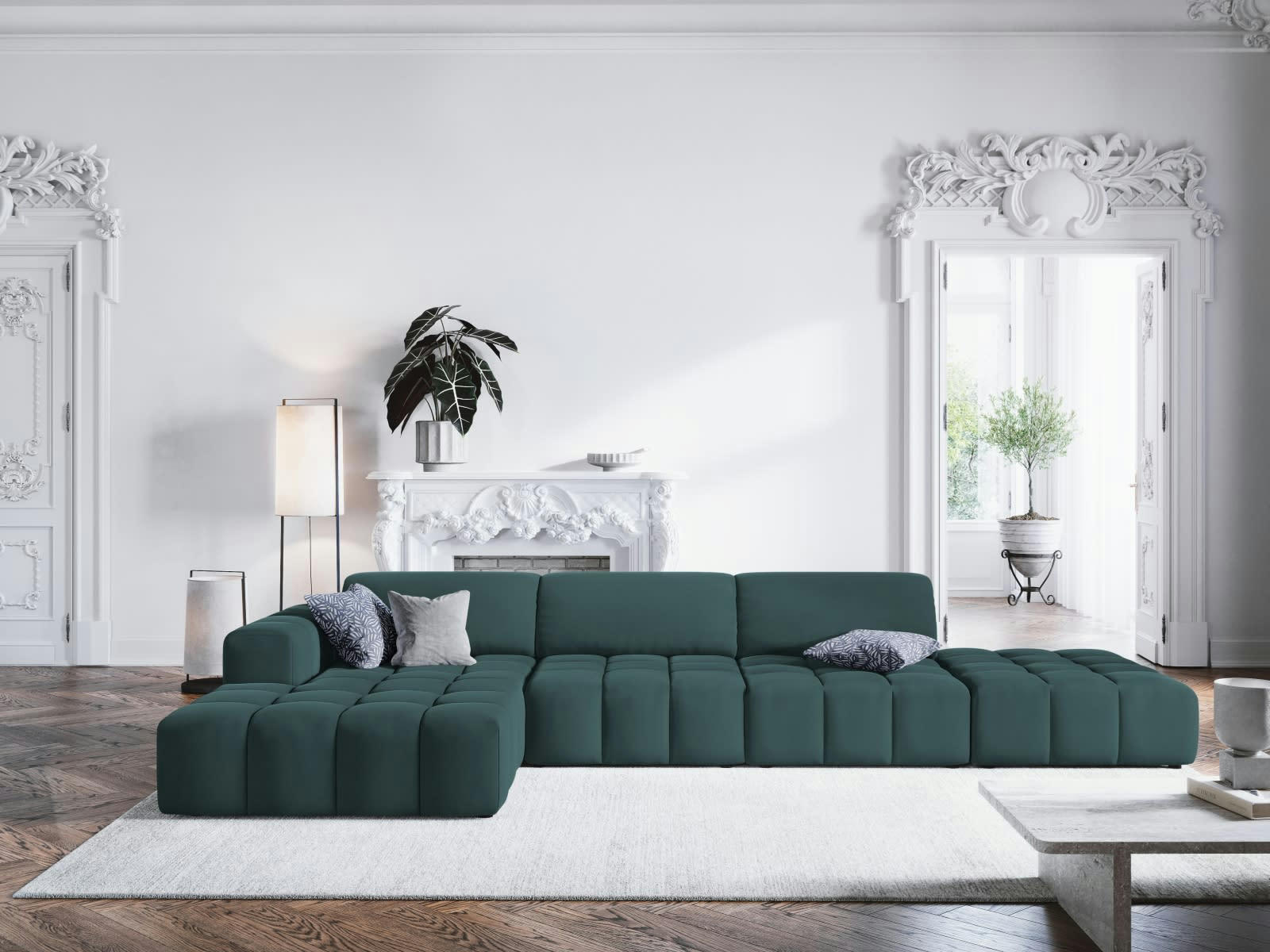 LUC - Canapé d'angle gauche 5 places en tissu velours pétrole