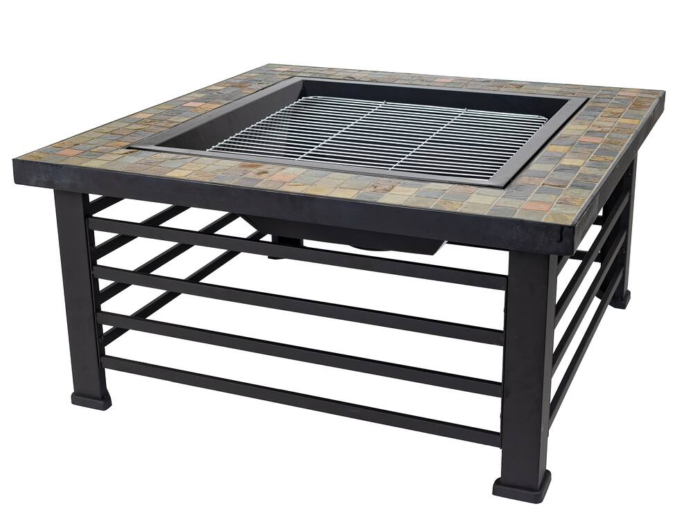 Pleasant Hearth Cascade Square Wood Burning Steel Fire Pit Table w/Grill, 34 x 22.5-in