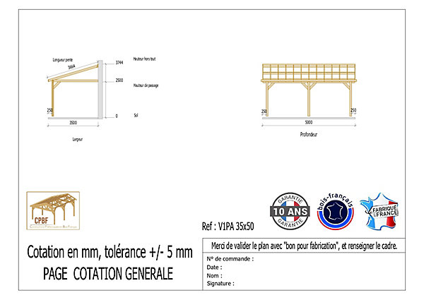 Carport adossé une pente 350cmx500cm, bois DOUGLAS Français (Charpente en bois-auvent-abri voiture) 18 m². Garantie 10 ans