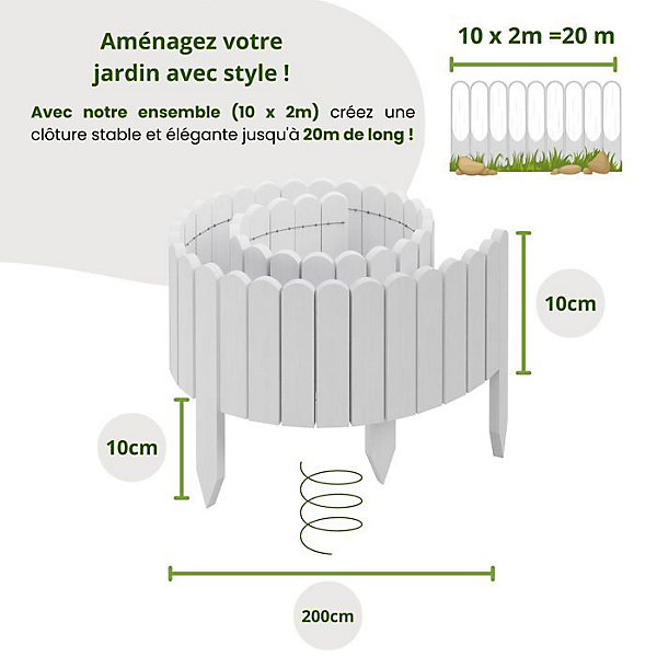 Clôture en bois flexible - Floranica - 20 m - Blanc - 2 m x 10 cm - 10 pièces