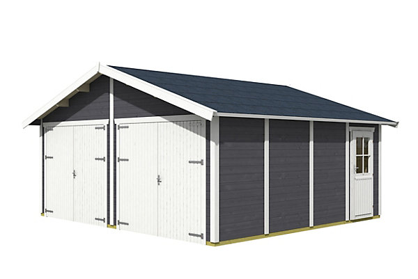 Garage bois SKAN HOLZ Varberg 3, 570x525cm, 45mm, traitement coloré gris ardoise