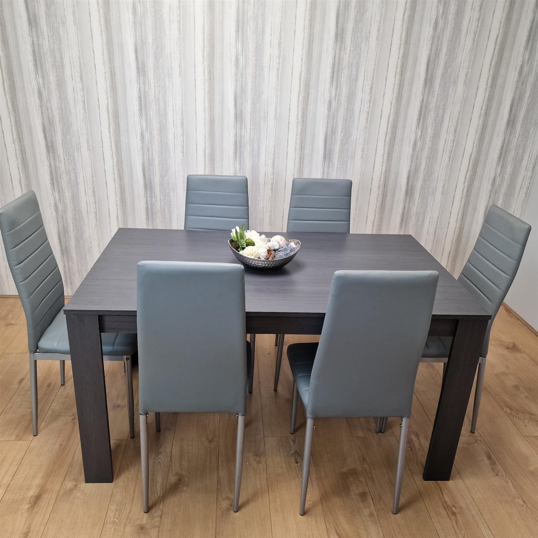 KOSY KOALA Dining Table and 6 Chairs Modern Dark Grey Dining Set With 6 Grey Faux Leather Chairs Dining Room Furniture