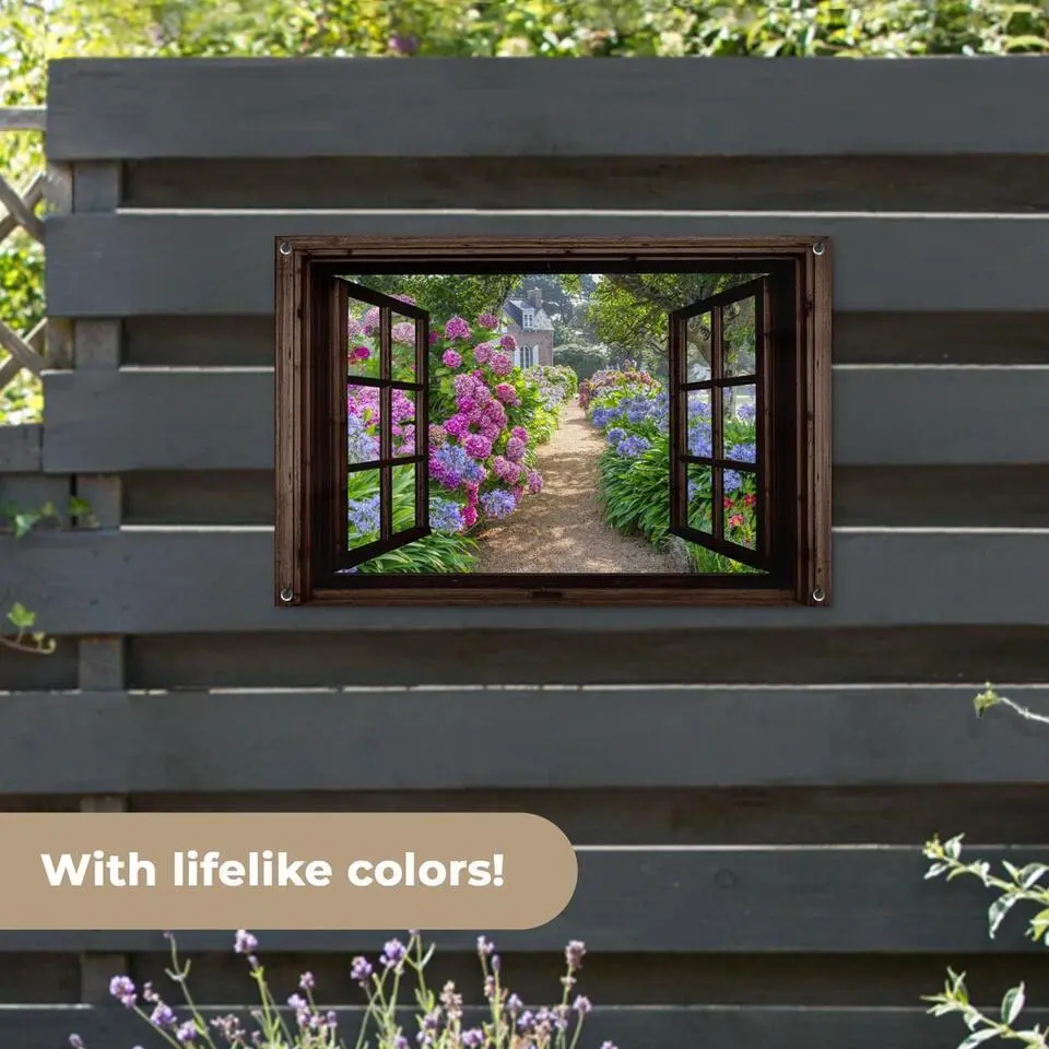 MuchoWow Tuinposter 90x60cm Hortensia Doorkijk Bloemen Paars