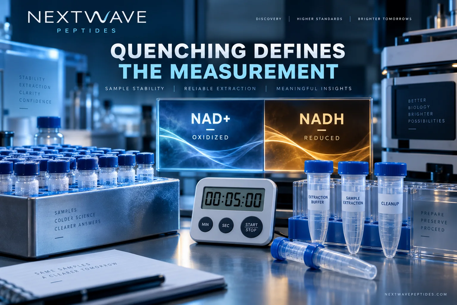 Cold NAD research samples beside an extraction workflow display comparing oxidized NAD+ and reduced NADH.
