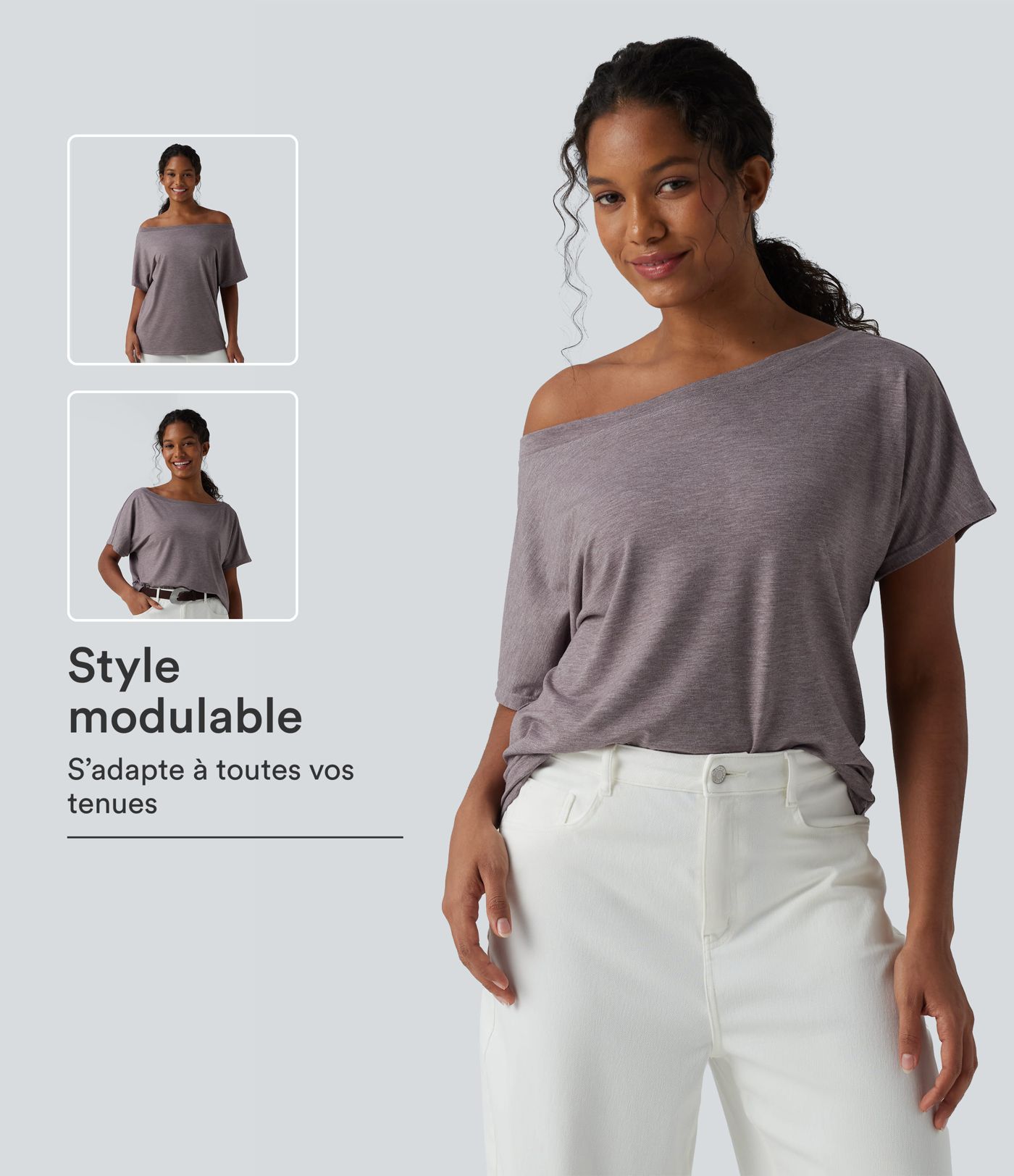 Haut décontracté oversize chiné asymétrique une épaule dénudée manches courtes