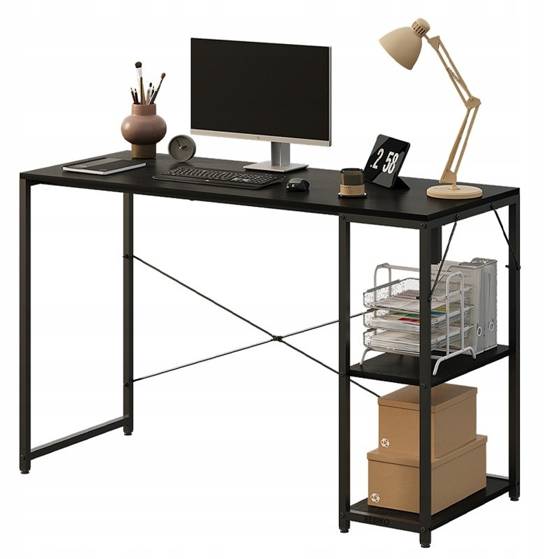Biurko komputerowe loft – czarne, nowoczesne, z półkami – 120 cm