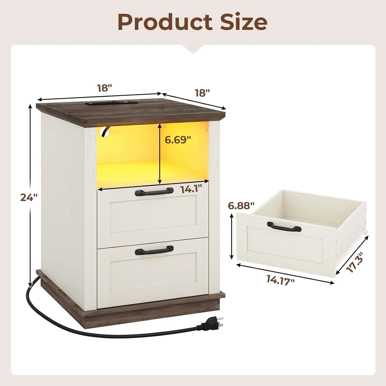 Farmhouse Nightstand with Charging Station 3-Tier Bedside Table