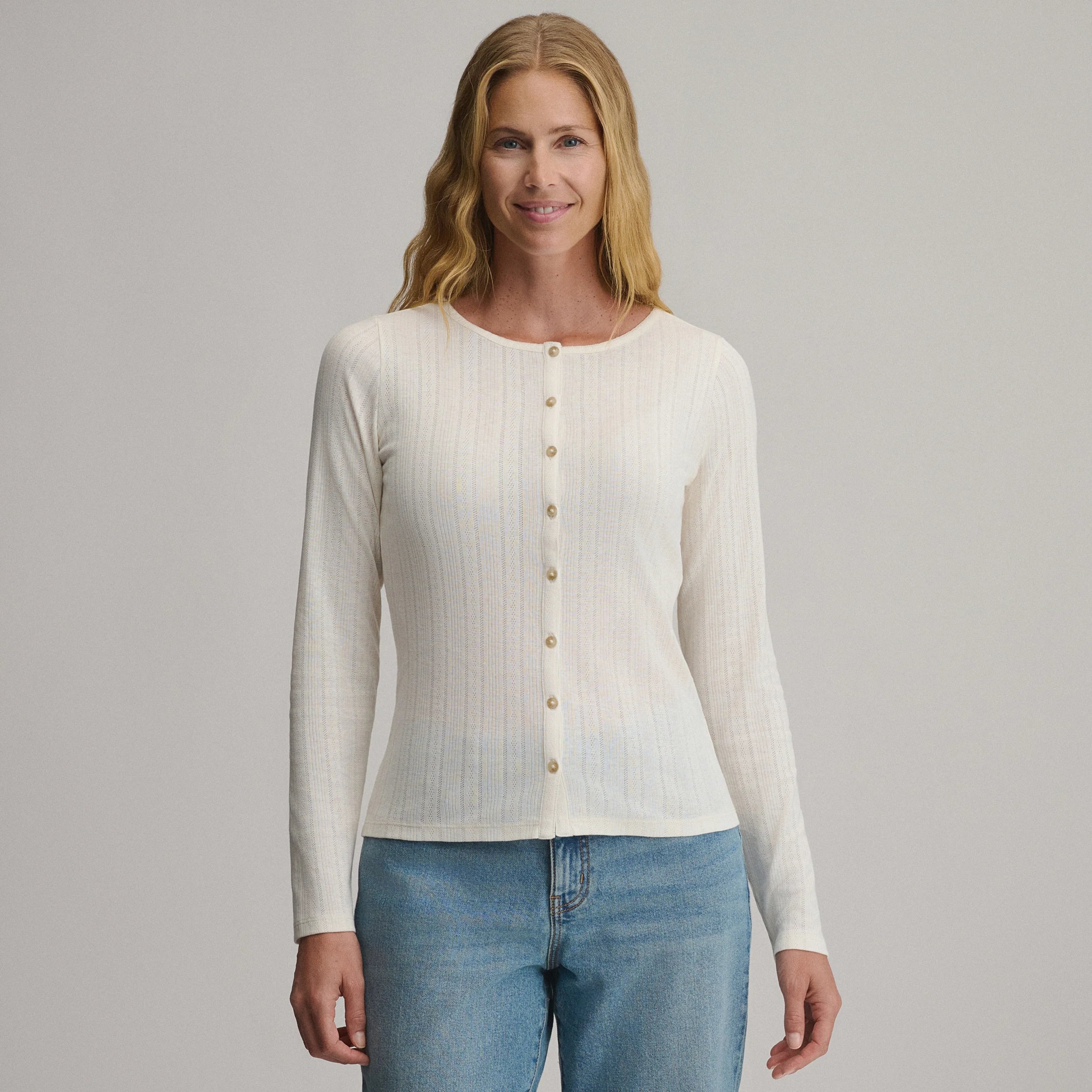 Women's Long-Sleeve Pointelle Button Front Top