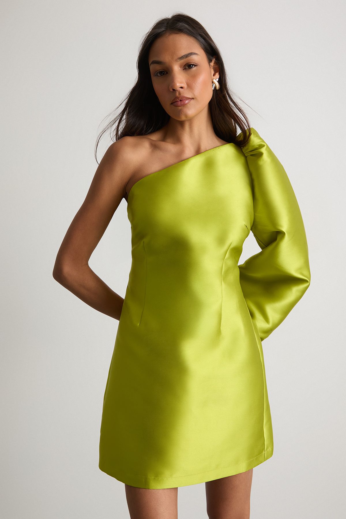 Warehouse One Shoulder Puff Sleeve Mini Dress