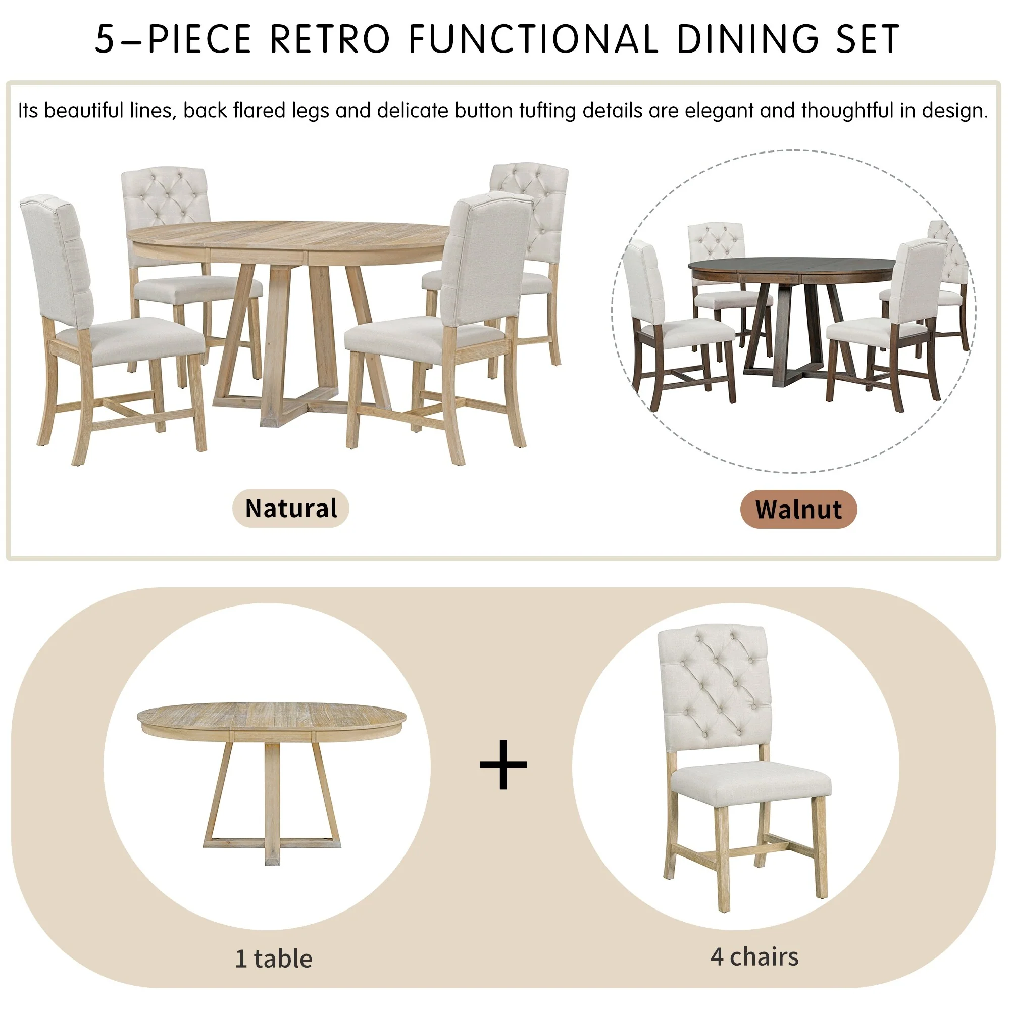 5-Piece Dining Table Set with 4 Upholstered Chairs, 16 Leaf Dining Table, Solid Wood & MDF, for Small Spaces and Dining Rooms