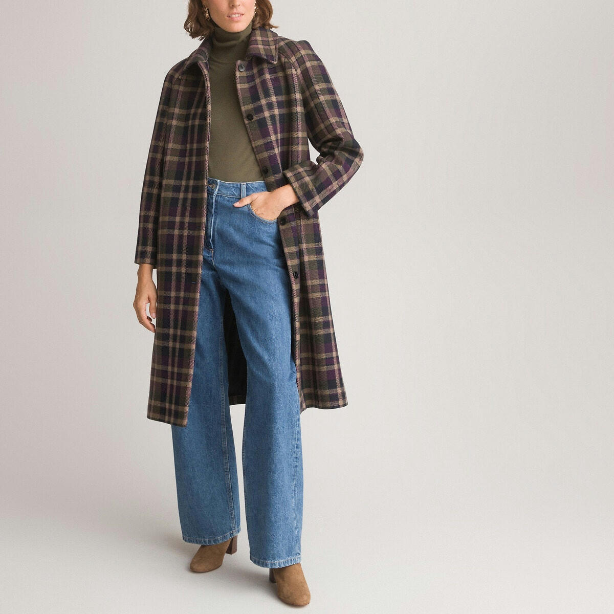 Manteau long à carreaux, laine recyclée mélangée