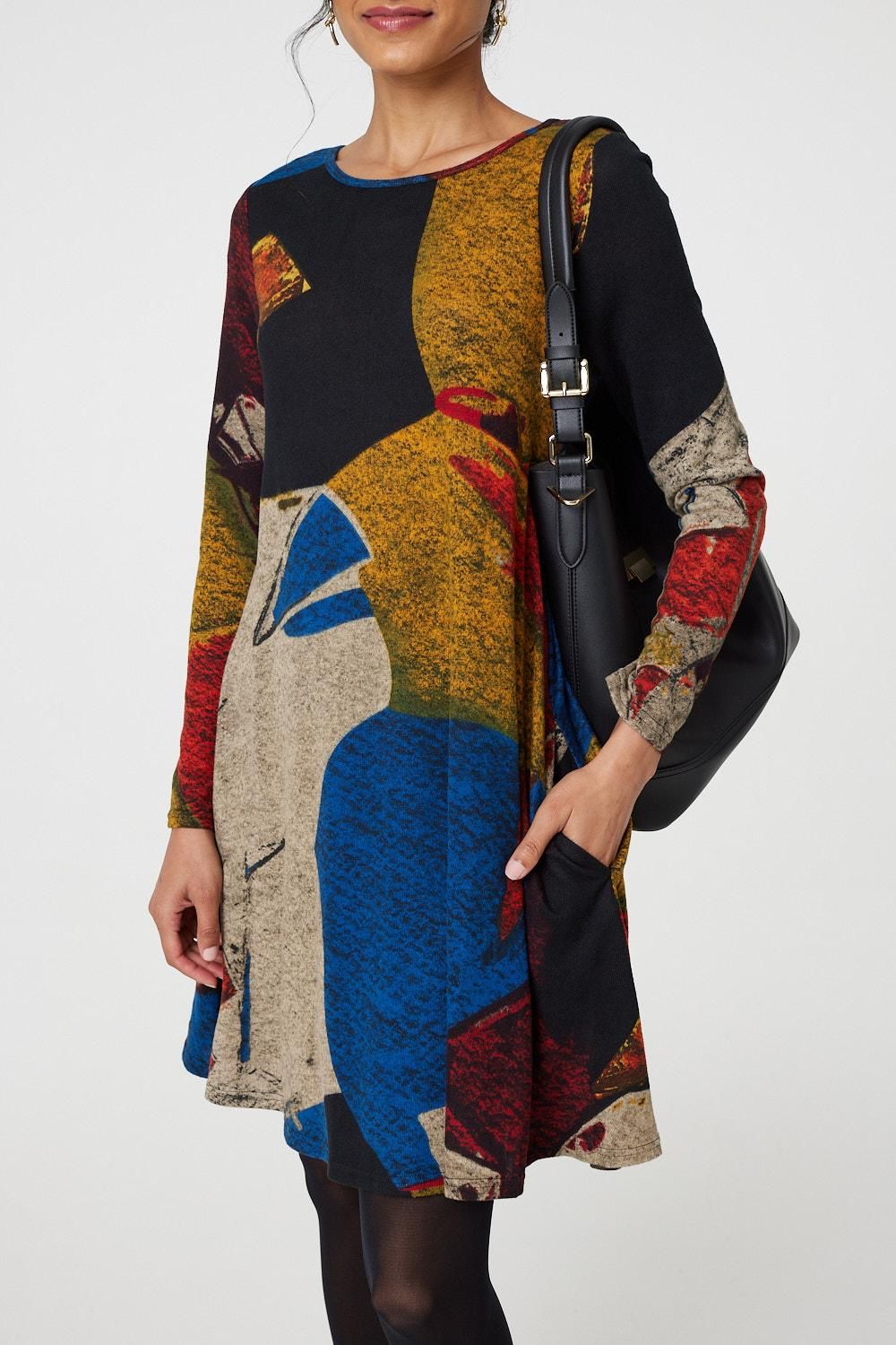 Izabel London Abstract Print Long Sleeve Short Swing Dress