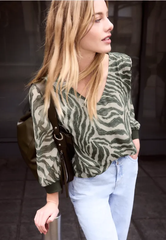 Langarm Bluse mit V-Neck aus Chiffon