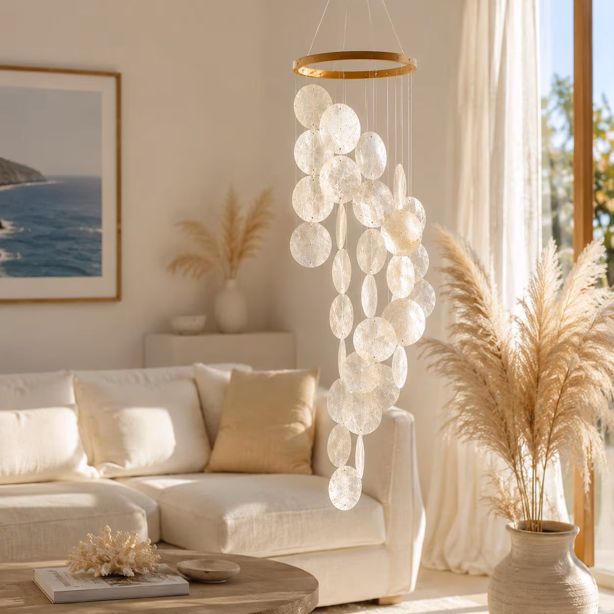 Handmade Capiz Shell Wind Chime, Boho Coastal Hanging Mobile for Nursery, Relaxing Sound, Macrame Decor, Gift for Mom, Beach House