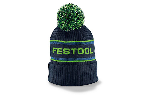 Bonnet tricoté à pompon Festool, tricot épais avec logo, bord rabattable et confort mérinos. Taille universelle.