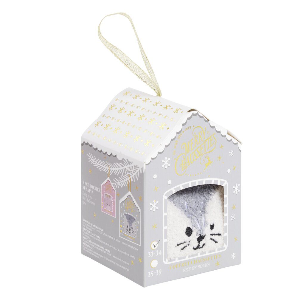 Coffret cadeau chaussettes cocooning chat No&euml;l gris et blanc (31/34 ou 35/39)