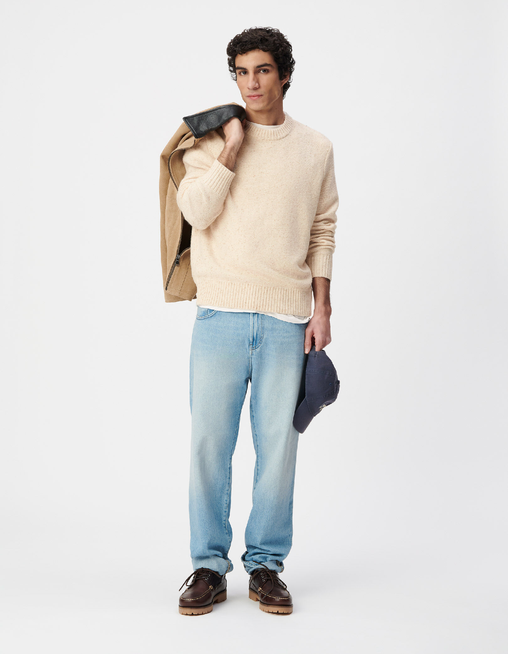 Pull hiver beige tricot mouliné col rond Homme