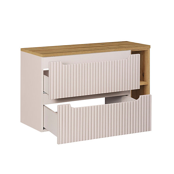 Ensemble meuble simple vasque 100cm 2 tiroirs 2 niches et colonne Riva Cachemire et Bois