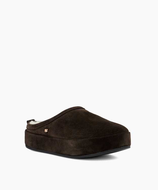 Warming Brown - Suede-Faux Shearling Flatform Slippers